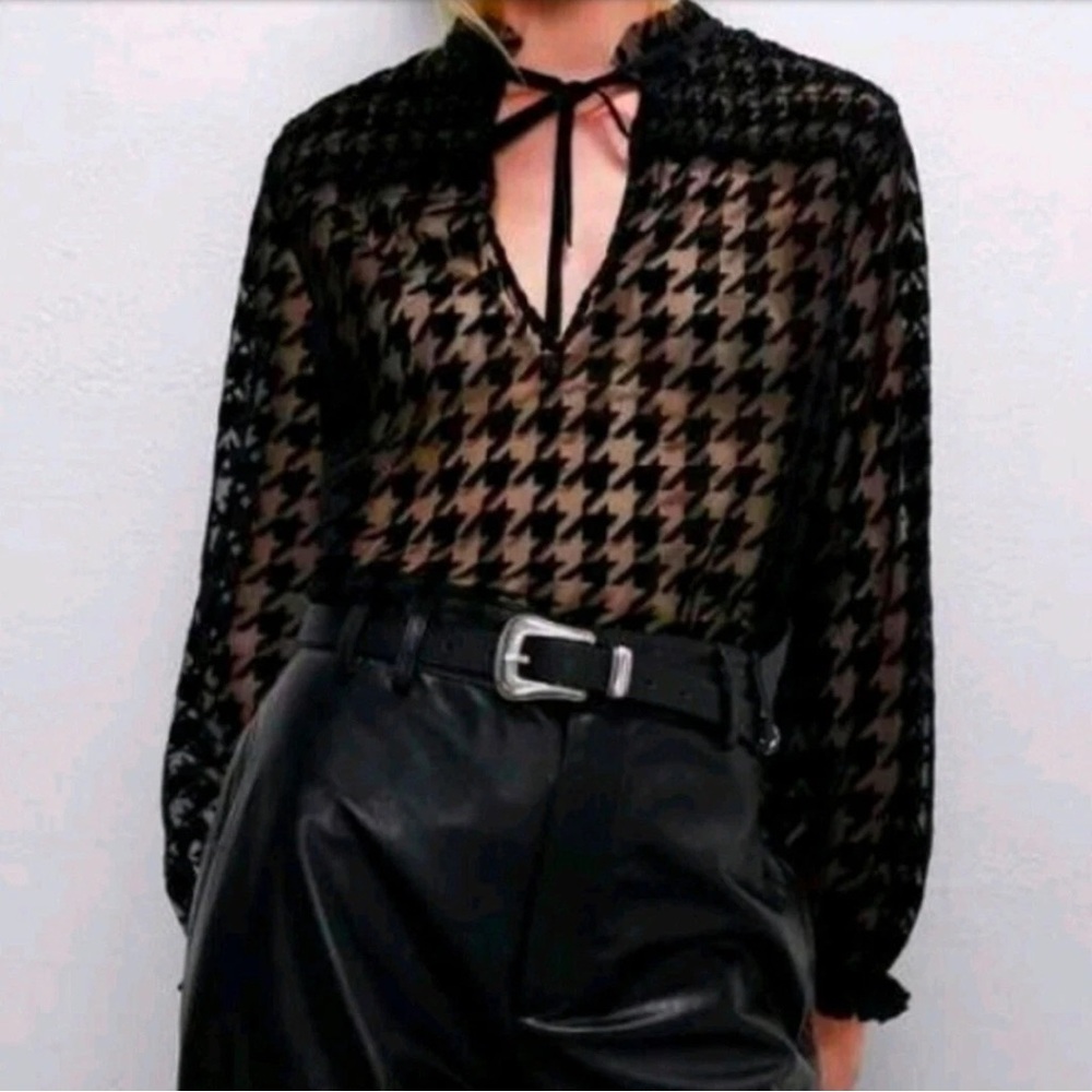 New Zara Sheer Black Houndstooth Blouse with Velvet Ribbon Women's XS